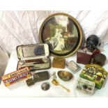 A selection of collectables, money box, vanity set, hip flask etc