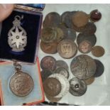 A selection of 19th/20th century copper coins and a hallmarked silver medallion, etc