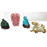 4 Chinese hard stone ornaments including rose quartz vase height 14cm turquoise coloured group