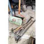 A Folbate vintage manual push along lawn mower and various garden tools