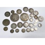 An 1844 and 1820 crown; a selection of GB and foreign silver coins, gross weight 4.4oz