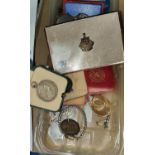 A Royal Sussex Regiment cigarette case, a hall marked silver Life saver medal in case, two bronze