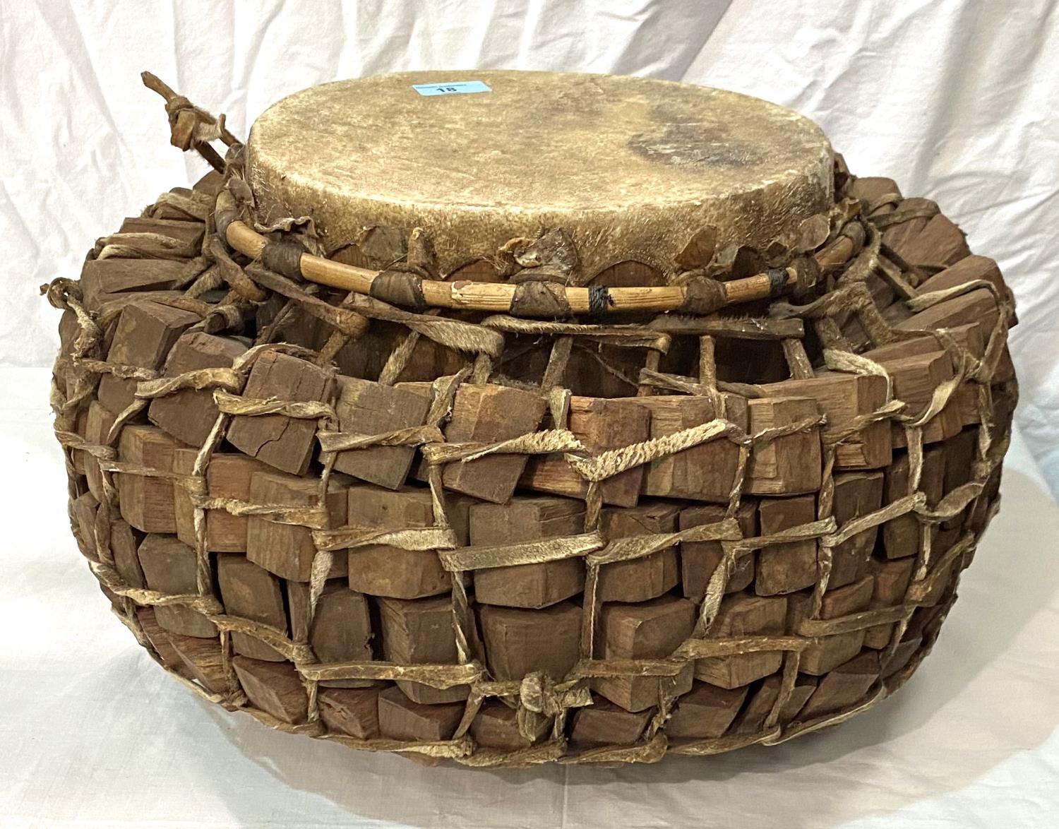 An early to mid 20th century African style tribal drum with interlinking wooden sections, with - Image 2 of 2