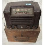 A vintage Bakelite cased American Emerson radio in homemade carry case