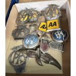 A selection of vintage chrome AA, RAC and other car badges etc