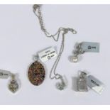 5 sterling silver pendant drops including Rainbow Tourmaline and white zircon; a large rectangular