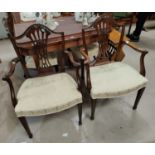 A set of 6 (4 x 2) reproduction Hepplewhite style mahogany camel back dining chairs with pierced and