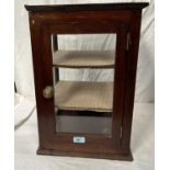 A mahogany square table top display cabinet with glazed sides, hinged door to back, height 48cm,