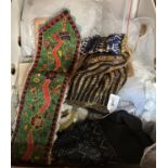 A selection of beaded bags, a beaded Indonesian wedding banner and lace ware etc