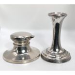 A hall marked silver circular desk ink well, Birmingham 1995,  a similar candlestick hall marked