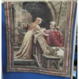 A tapestry style wall hanging:  knight and maiden; other carpet/metal wall hangings; tile display