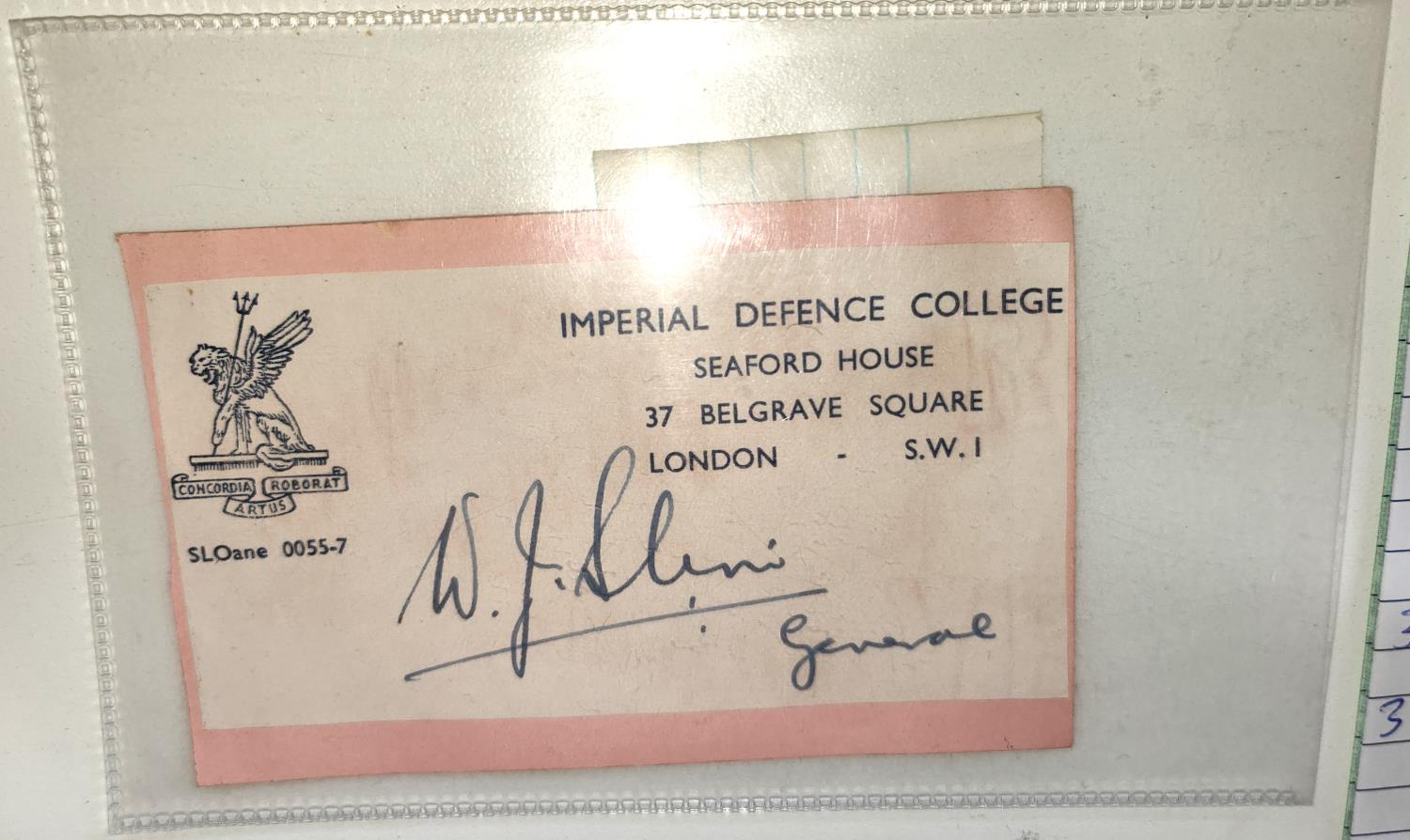 A mounted pen signature from General W. J. Slim on Imperial Defence College paper