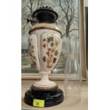 A  Victorian pottery oil lamp decorated with ivy; a pair of large 'sanded' glass vases; etc.