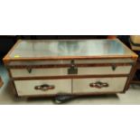 A Timothy Oulton style designer 'steamer trunk' long low chest of brushed steel with tan leather