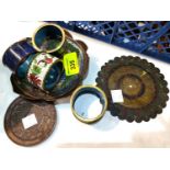 4 Chinese cloisonne napkin rings; a similar dish; bronze Aztec calendar etc