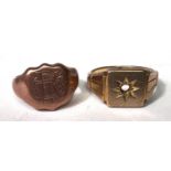 Two gent's hallmarked gold signet rings (1 missing a stone), 14.5gm
