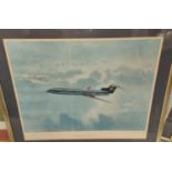 A signed print of a Hawker Siddeley Trident aircraft.