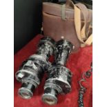 A pair of large Ross London Military Binoculars 7x50, No 119412 with arrows and a cased set of