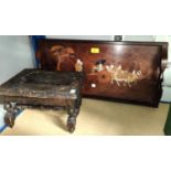 An oriental rectangular tray with inlaid decoration of Indo/Persian figures; a carved oak footstool