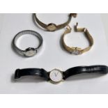 A lady's Omega De Ville wristwatch on woven gilt strap; a lady's Bulova wristwatch on gilt bark