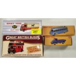Three reproduction Dinky Toys vehicles boxed 917 Guy Van, 29E Auctocar Isobloc, 412 Austin Wagon and