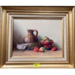 Robert Cailloux 1913:  strawberries in a bowl with earthenware jug, oil on board, signed, 26 x 33cm,