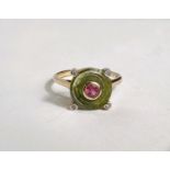 A lady's 9 carat gold dress ring set fern green quartz, the centre removed and set with 4mm pink
