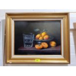 Brian Davies 1942:  "Apricots & Glass", oil on canvas, signed, 30 x 40cm, framed