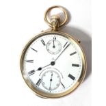 An 18 carat hallmarked gold keyless open faced pocket watch with 2 subsidiary dials, crested
