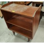 2 cane conservatory armchairs;  table; whatnot etc; a 1970 two height teak bookcase.