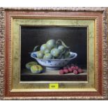 Brian Davies 1942:  "Greengages & Raspberries in a Delftware bowl", oil on canvas, signed, 24 x