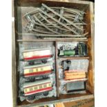 A vintage clockwork tin plate train in wooden box with accessories.