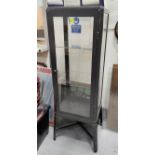 A grey metal floor standing shop or collectables display cabinet, three height, with locking door,