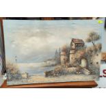 20th Century:  Italian lake scene, oil on canvas, signed indistinctly, 61 x 93cm, unframed