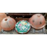 A Chinese green ground dish decorated with exotic birds and two ceiling light globes