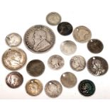 A George III shilling (pierced); a George II sixpence (pierced); an 1893 ZAR 2 1/2 shilling piece,
