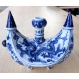 A Chinese blue and white boat shaped 'Pilgrims Flask' decorated with dragon to the body, small