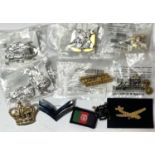 A collection of military badges, some mint and still packaged.