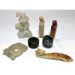 Collection of Chinese hardstone items including: 2 archers thumb rings, sash buckle, pendant etc