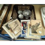 A selection of military postcards; 2 pewter cups; an EPBM bowl