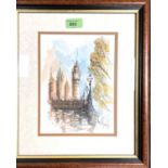 Ben Maile: Pen and watercolour of Big Ben and Parliament, signed 22.5x17cm framed and glazed