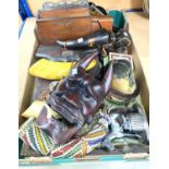 A selection of bric a brac including horse table lighter, grotesque mask; beadwork horn etc and a