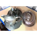 An Arts and Crafts style 4 piece beaten pewter tea set and tray "English Pewter" etc