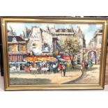 L. Basset: modern oil painting of Paris street scene in gilt frame, 60 x 90cm