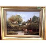 Rachel Plumbe (1838 - 1919) Rural scene, church in distance, oil on board, signed in gilt frame 28 x