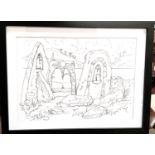 David Wilde, "Cymer Abbey", pen and ink sketch, 24 x 33cm, framed and glazed.