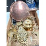 A copper warming pan and a selection of tradition brass and metalware etc