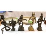 3 oriental brass dancing figures; a pair of "Cobra" candlesticks