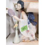 A Lladro group:  Japanese lady with mirror and flowers