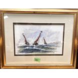 Ben Maile: Pen and watercolour of sail boats on choppy seas signed framed and glazed 17x28cm